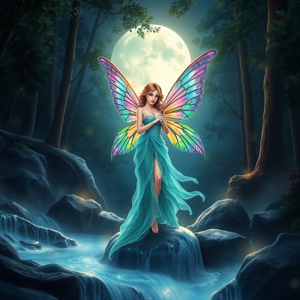 AI generated art for prompt: An alluring digital artwork portraying a celestial fairy gracefully standing atop a flowing waterfal