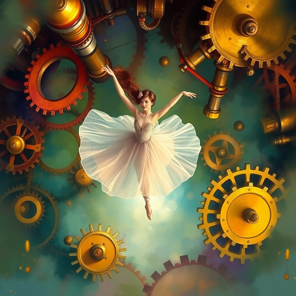 AI generated art for prompt: A whimsical digital art piece merges impressionist techniques with steampunk elements to depict a gr