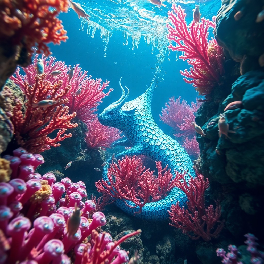 AI generated art for prompt: A surreal underwater scene captures an awe-inspiring moment as mythical creatures interact with vibr