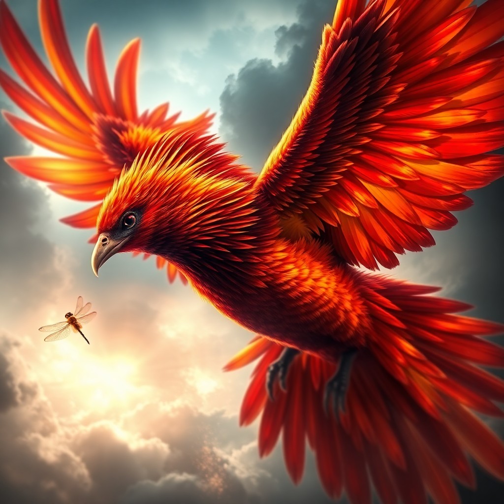 AI generated art for prompt: A mesmerizing digital art portrait depicts a majestic phoenix in flight from an unconventional persp