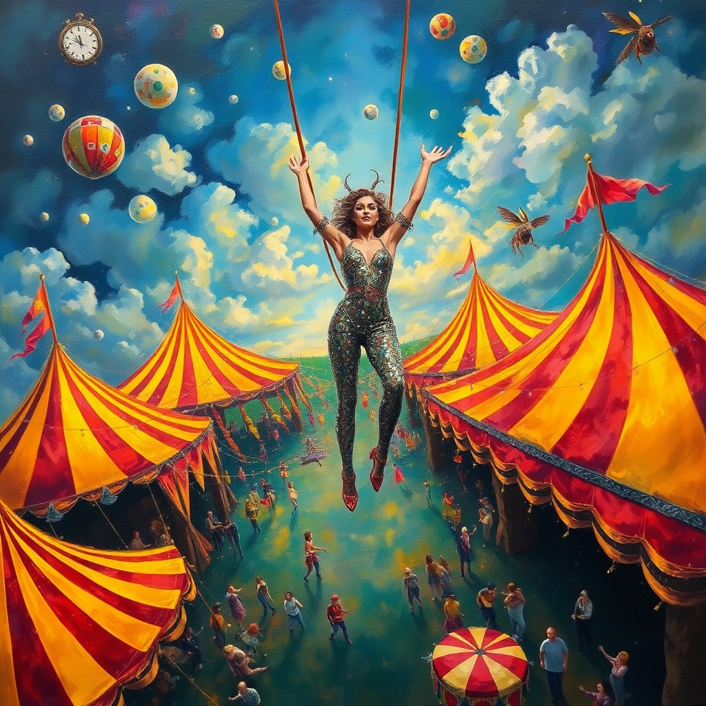 AI generated art for prompt: Imagine an oil painting with a surreal, dreamlike atmosphere depicting a bustling circus scene from 