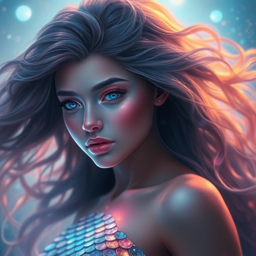 AI generated art for prompt: A digital portrait captures an ethereal mermaid adorned with scales that mirror the colors of a nigh