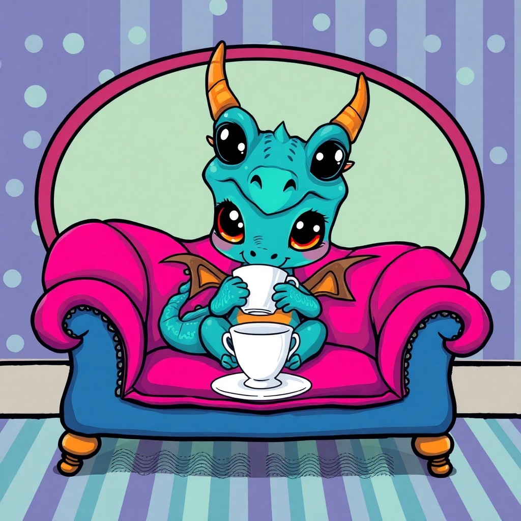 AI generated art for prompt: A whimsical scene captures a tiny dragon nestled on an opulent velvet sofa, delicately sipping tea f