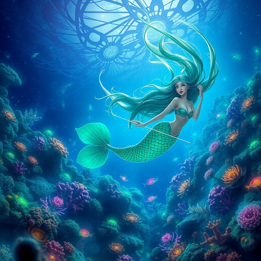 AI generated art for prompt: Imagine a captivating digital artwork capturing an enchanting underwater realm from a 'bug's-eye vie