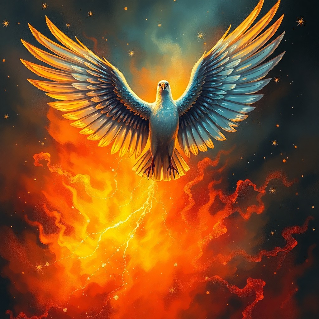 AI generated art for prompt: A majestic avian creature ascends from an engulfing inferno, its glistening wings unfolding in a mes