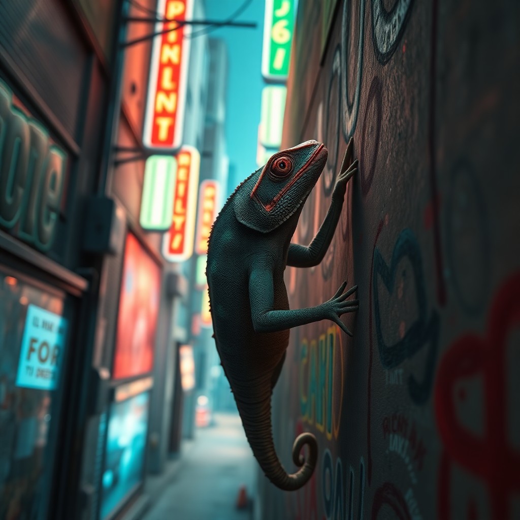 AI generated art for prompt: A whimsical digital art portrait featuring a clever chameleon navigating an electrifying cyberpunk a