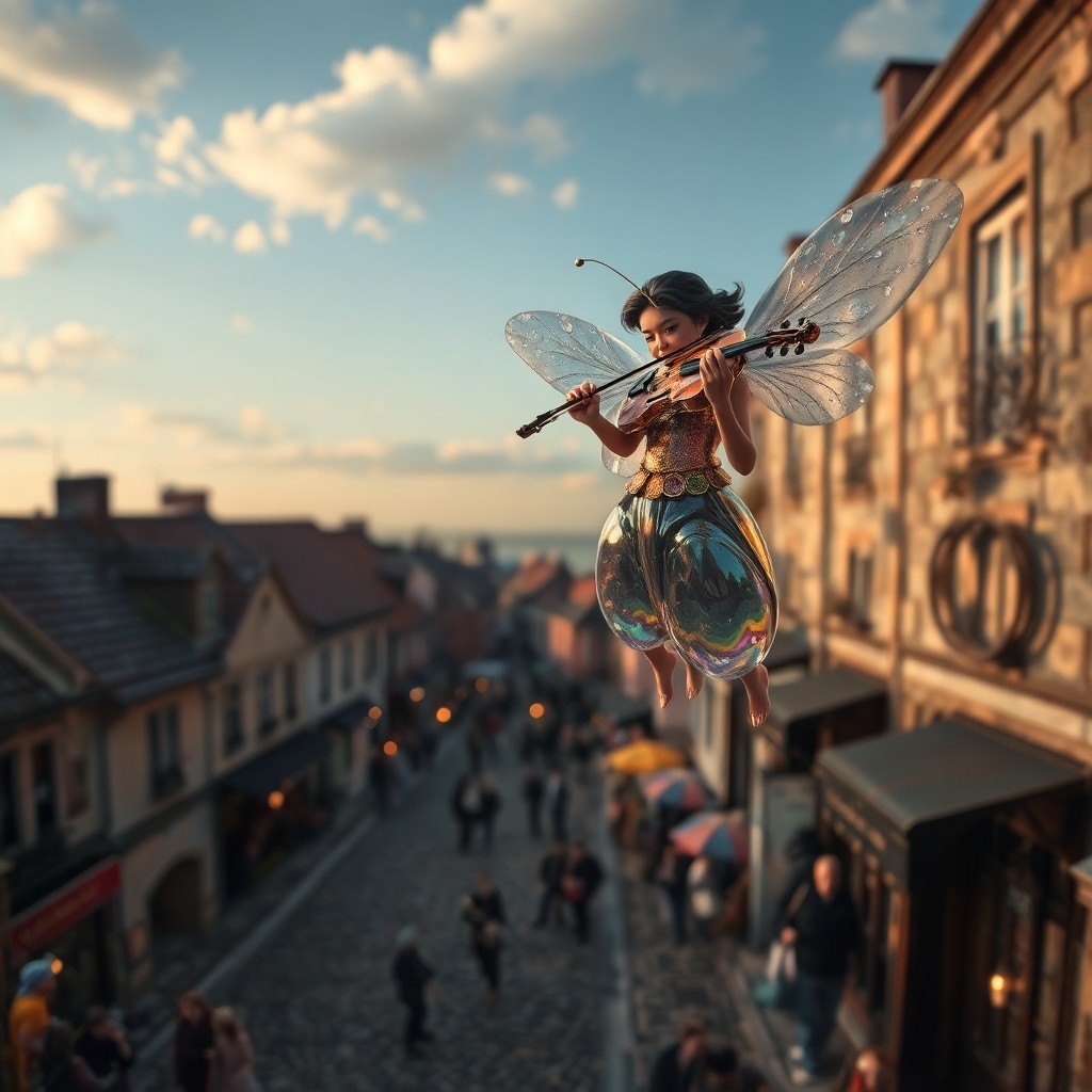 AI generated art for prompt: An enchanting scene unfolds with a whimsical 'bug's-eye view' perspective as a floating violinist se