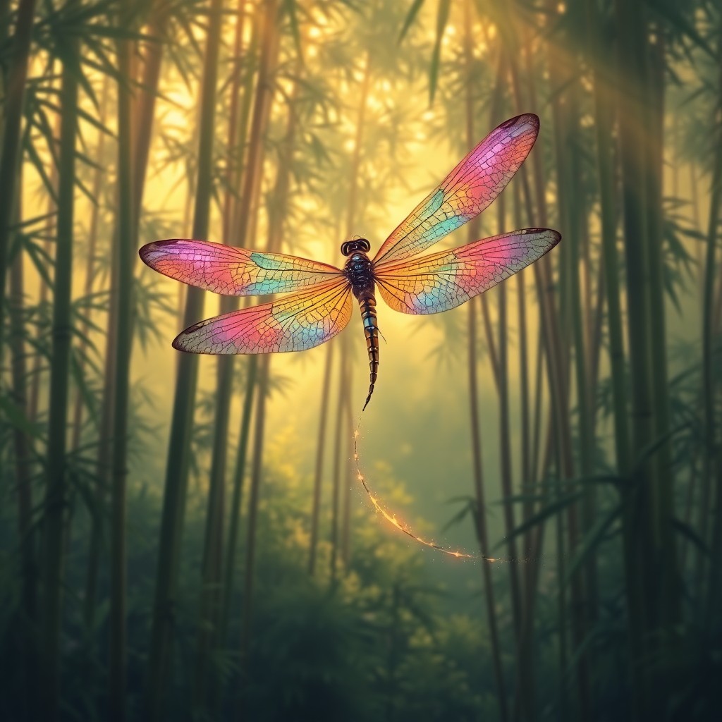 AI generated art for prompt: Craft an intricate digital painting depicting a mythical dragonfly with iridescent wings reflecting 