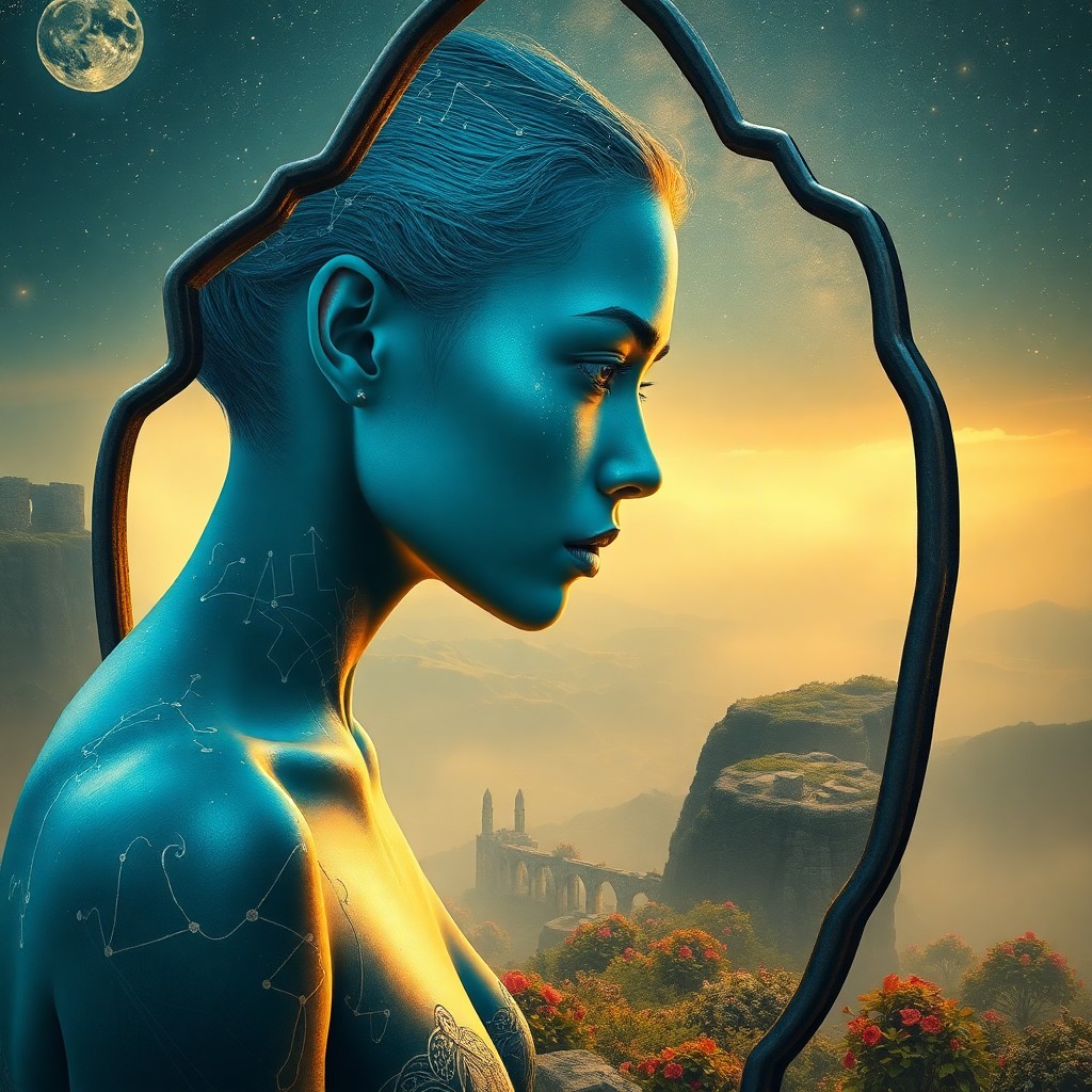 AI generated art for prompt: A surreal digital art portrait captures an alluring figure with shimmering azure skin, adorned by si