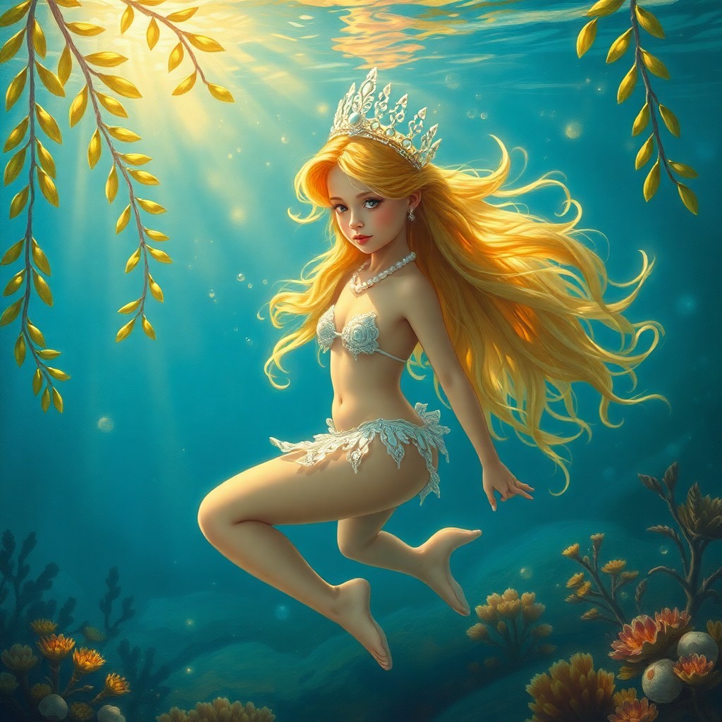 AI generated art for prompt: In the style of an elaborate Victorian oil painting, depict a whimsical scene with a young sea nymph