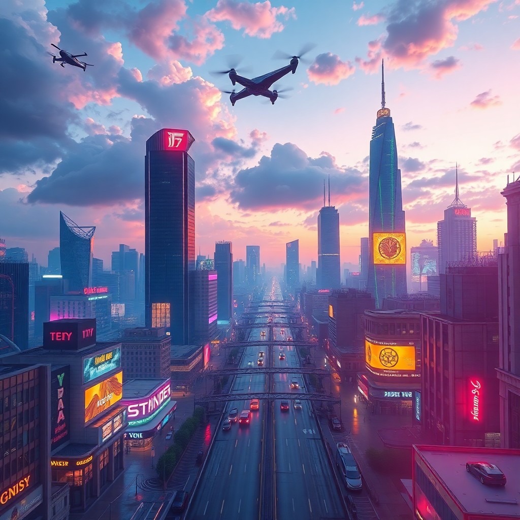 AI generated art for prompt: A mesmerizing digital artwork depicting an urban metropolis at dusk, rendered in photorealistic CGI 