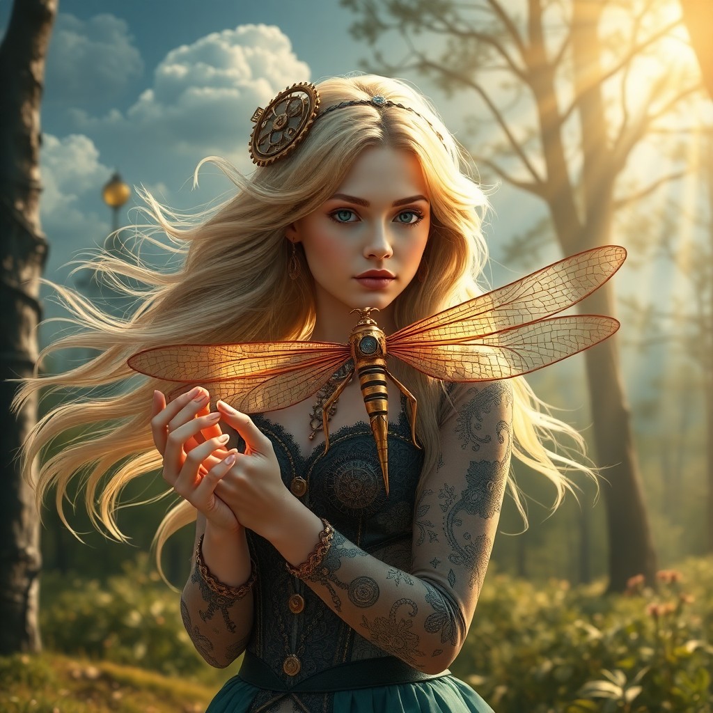 AI generated art for prompt: A whimsical portrait showcasing a young woman immersed in a steampunk-inspired world, her flowing bl