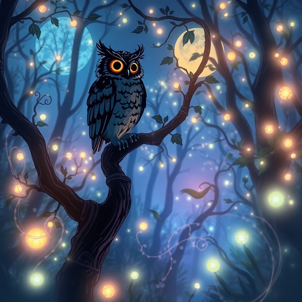 AI generated art for prompt: A whimsical digital art illustration captures an ethereal forest at twilight, reminiscent of a dream