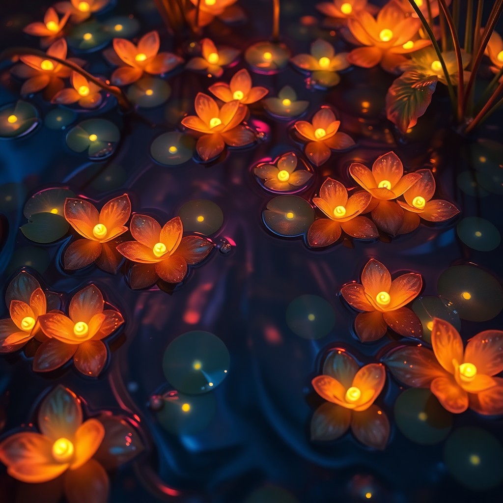 AI generated art for prompt: Craft an image depicting a close-up view of iridescent, bioluminescent plants adorning an otherworld