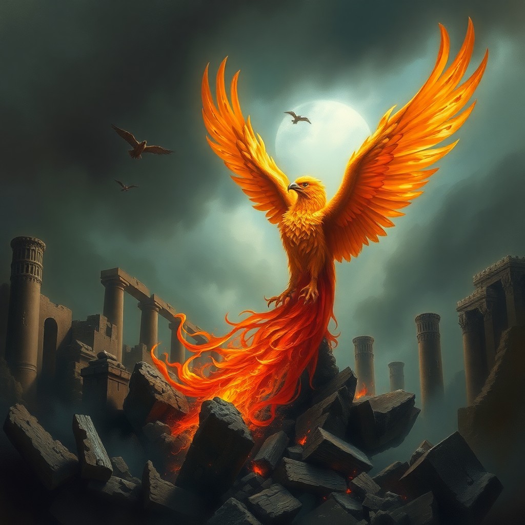 AI generated art for prompt: A digital oil painting depicting a mythical phoenix emerging from the remnants of an ancient temple,