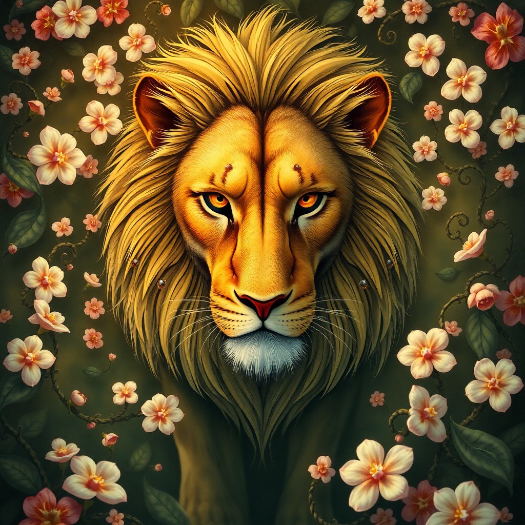 AI generated art for prompt: In the spirit of Art Nouveau's ethereal beauty, a majestic lion is depicted with an unusual 'bug's-e