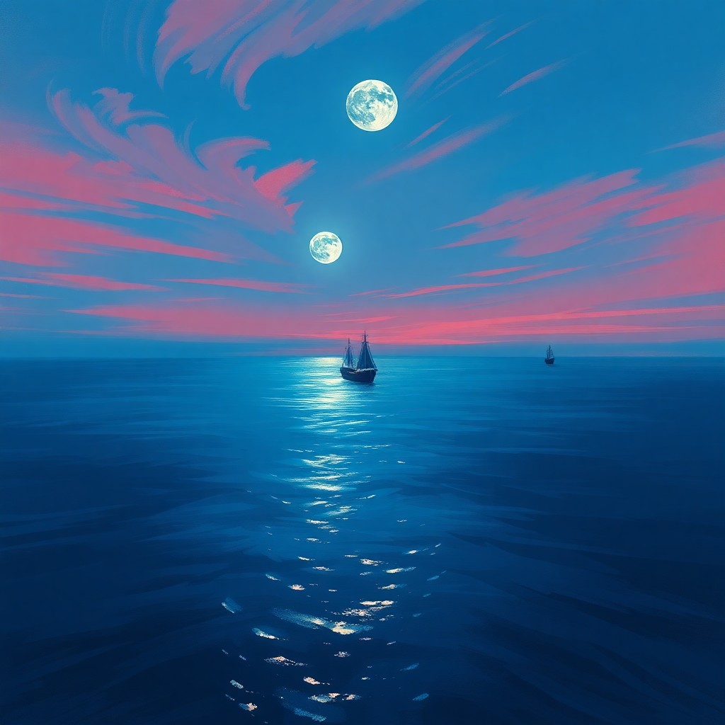 AI generated art for prompt: Imagine an impressionistic seascape at twilight, with the horizon painted in vibrant strokes of cora