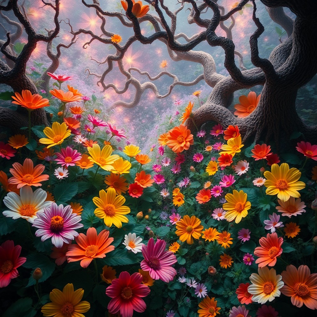 AI generated art for prompt: An enchanting dream landscape featuring an overgrown garden filled with oversized flowers in vivid, 