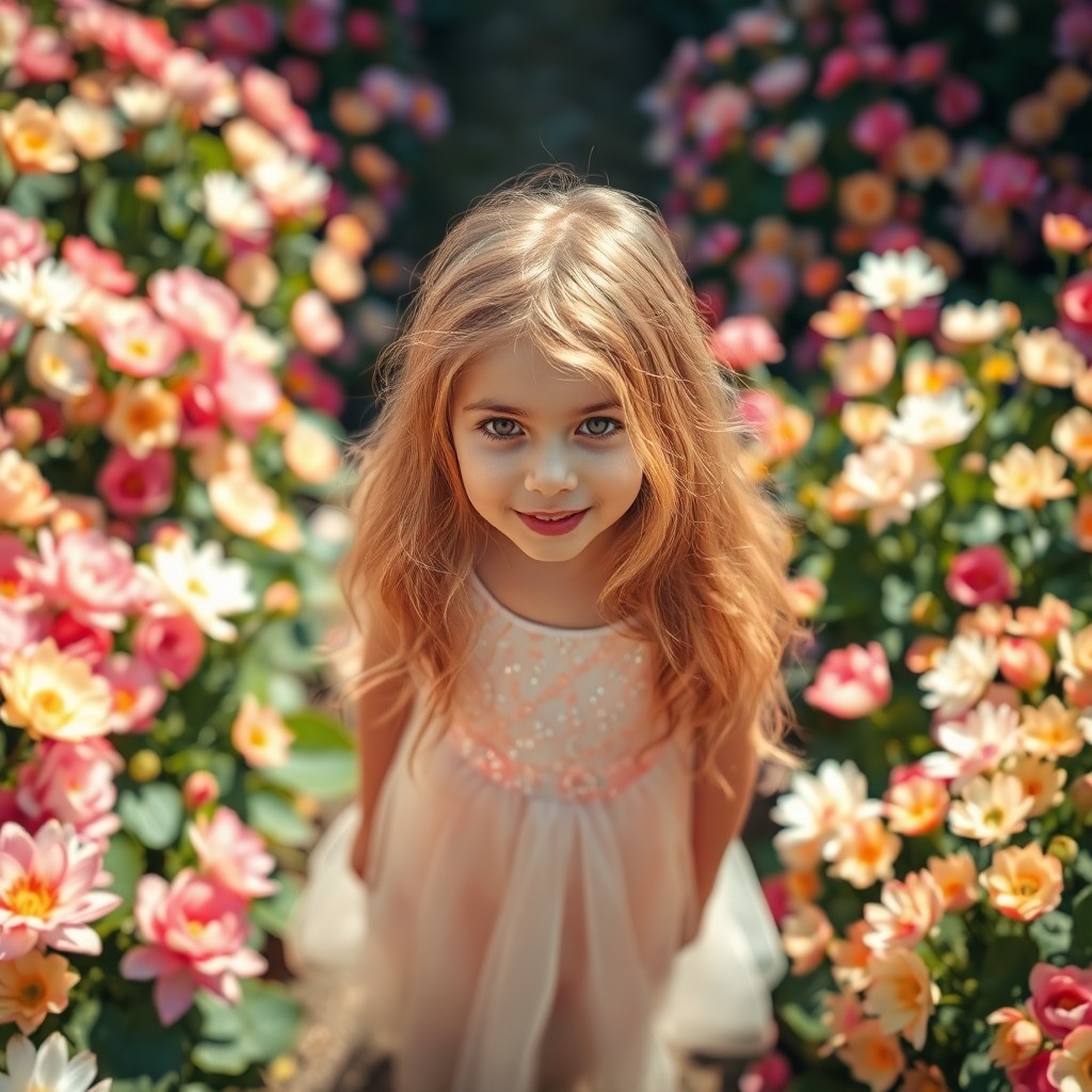 AI generated art for prompt: In an enchanting secret garden, a young girl with golden locks stands amid a vibrant array of bloomi