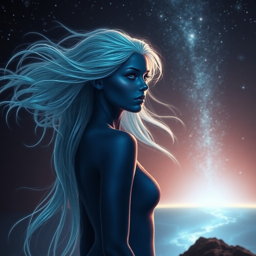 AI generated art for prompt: A captivating digital artwork depicting an enigmatic female figure with deep blue skin and flowing, 