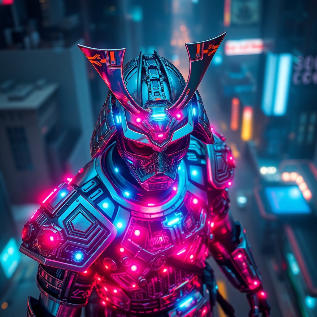 AI generated art for prompt: A digital artwork combines cyberpunk futurism with surrealism to portray a samurai figure whose intr