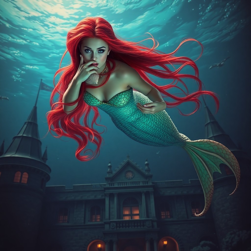 AI generated art for prompt: A mesmerizing portrait captures a magical mermaid queen, half-human and half-ocean being, elegantly 