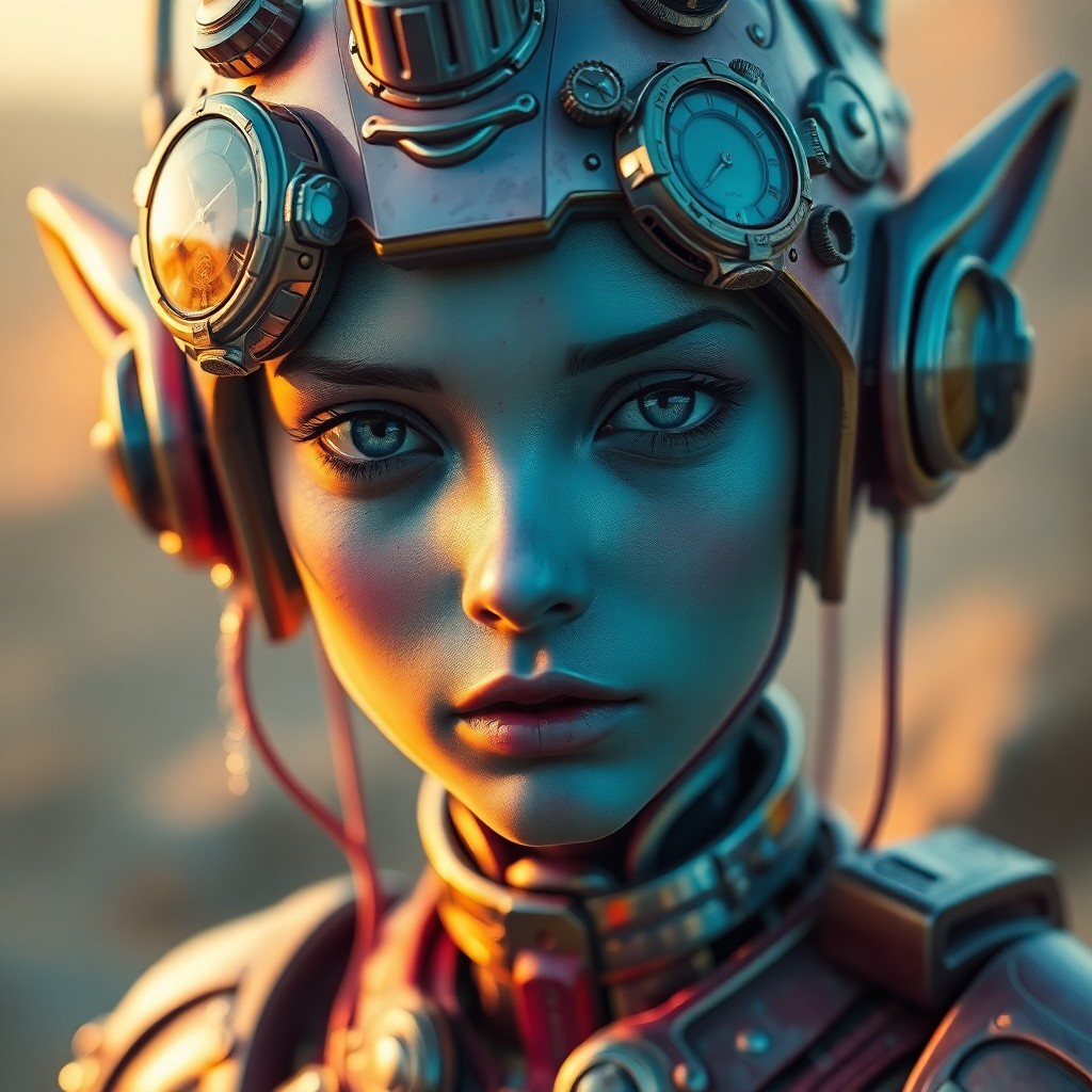 AI generated art for prompt: A portrait of an enigmatic cyborg elf in a surreal, futuristic style, where a close-up reveals their