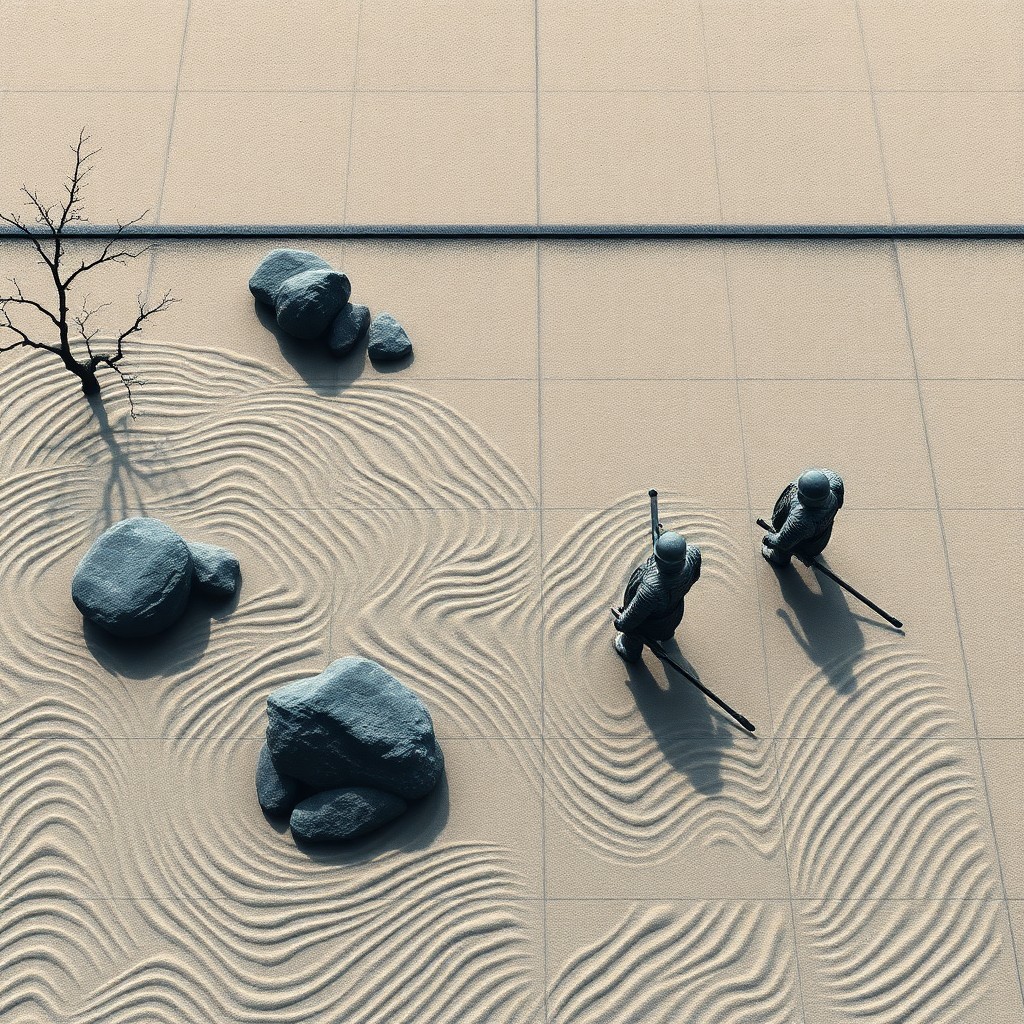 AI generated art for prompt: A tranquil Zen garden in Japanese aesthetic, with meticulously raked sand patterns symbolizing ocean