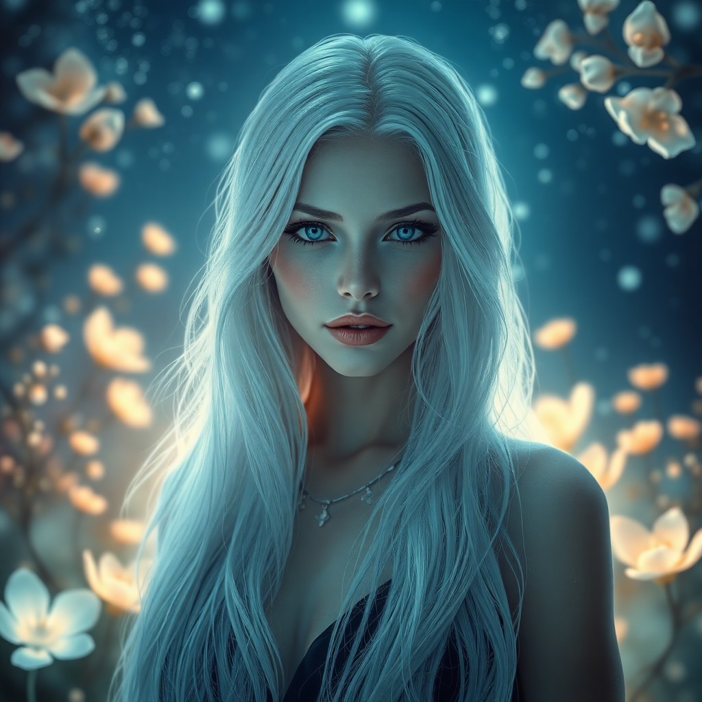 AI generated art for prompt: Create an alluring digital art portrait of a mysterious female figure adorned in flowing white tress