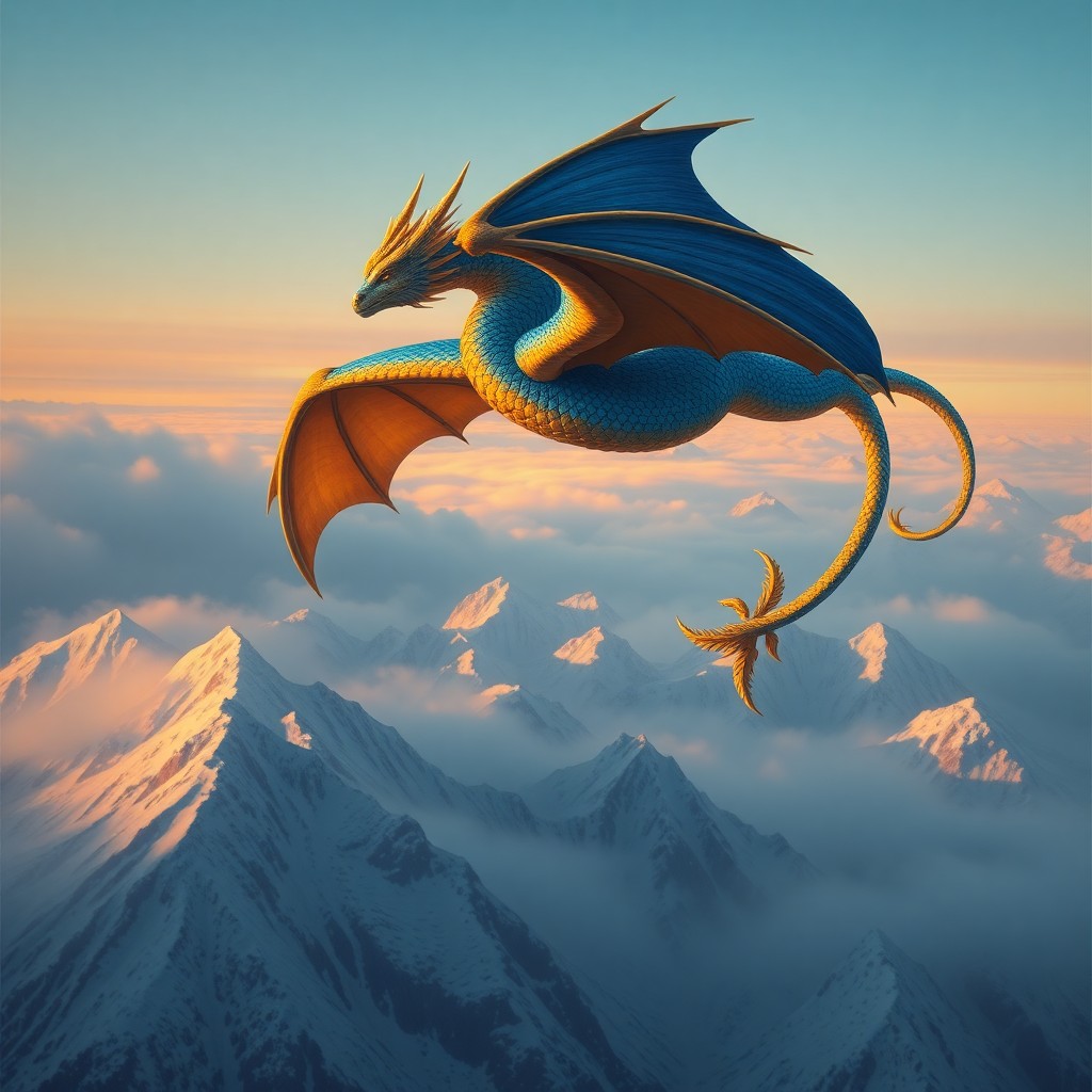 AI generated art for prompt: Craft an awe-inspiring digital masterpiece featuring a regal dragon soaring above a tranquil, foggy 