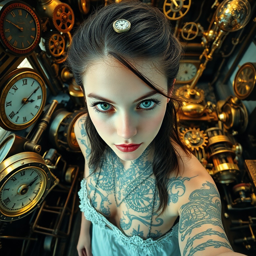 AI generated art for prompt: A surreal steampunk-inspired portrait captures a young woman with captivating green eyes and intrica