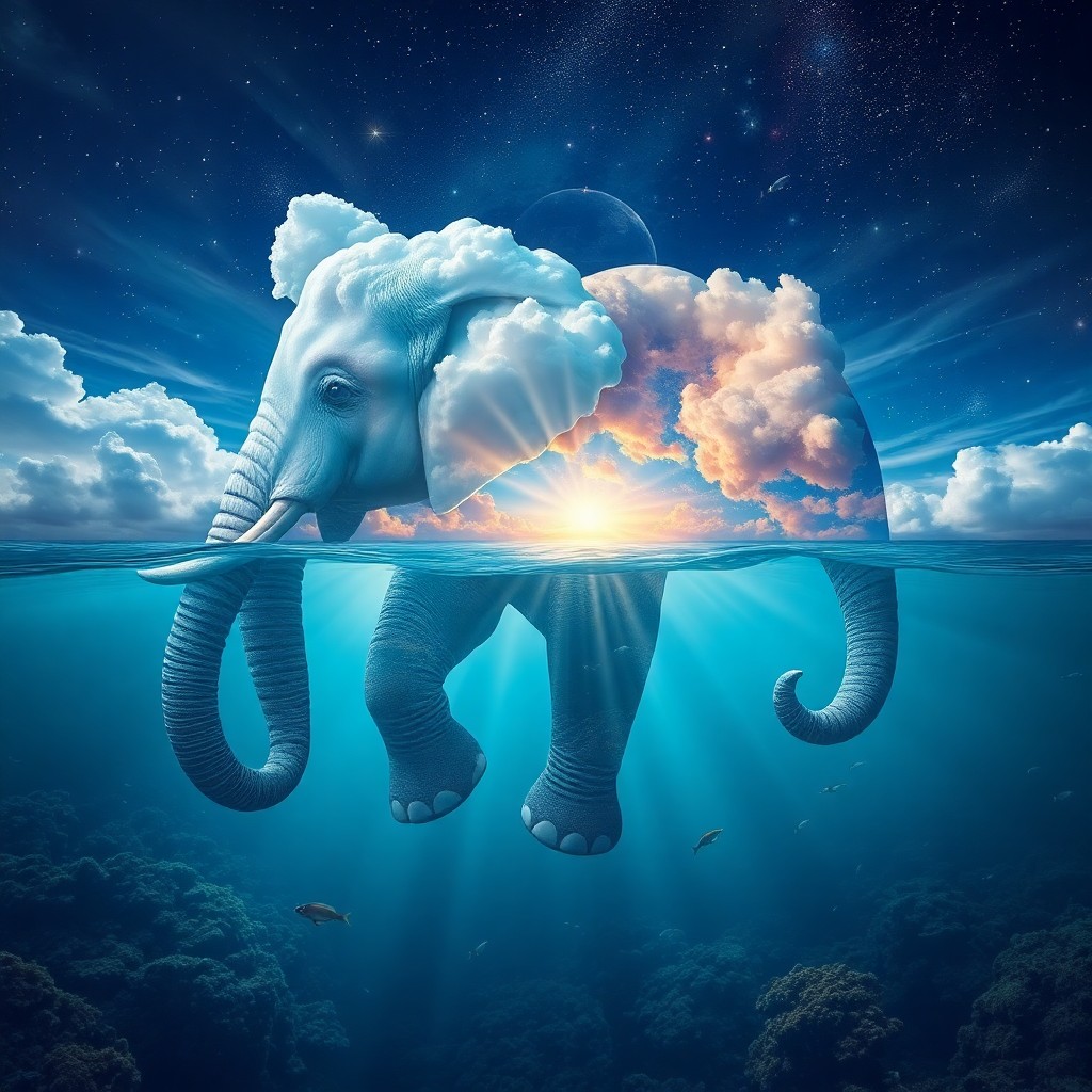 AI generated art for prompt: Craft an image that captures the essence of surrealism by depicting a colossal elephant gracefully s