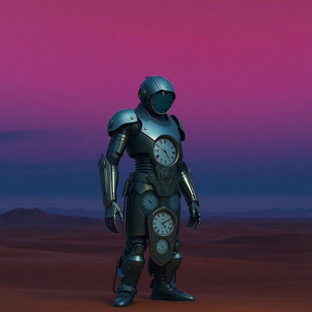 AI generated art for prompt: A surreal digital artwork depicting an armored figure standing in a vast desert landscape under a de