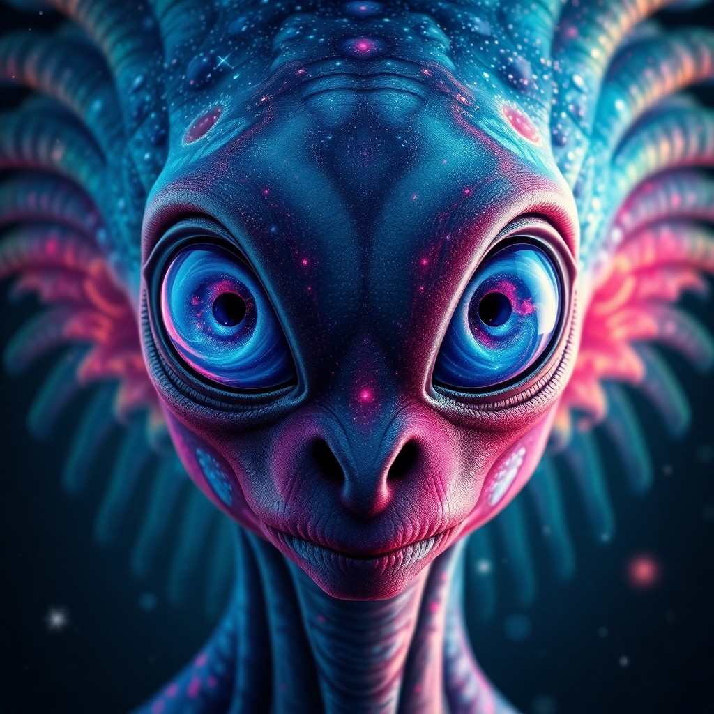 AI generated art for prompt: A digital artwork showcasing visionary realism, portraying an up-close portrait of an extraterrestri