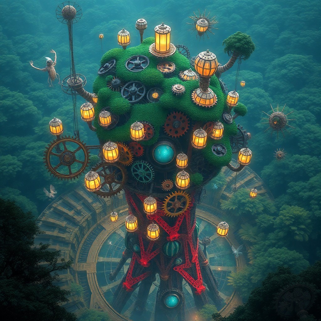 AI generated art for prompt: In the vein of surreal landscapes, envision an awe-inspiring mechanical tree towering amidst a lush,