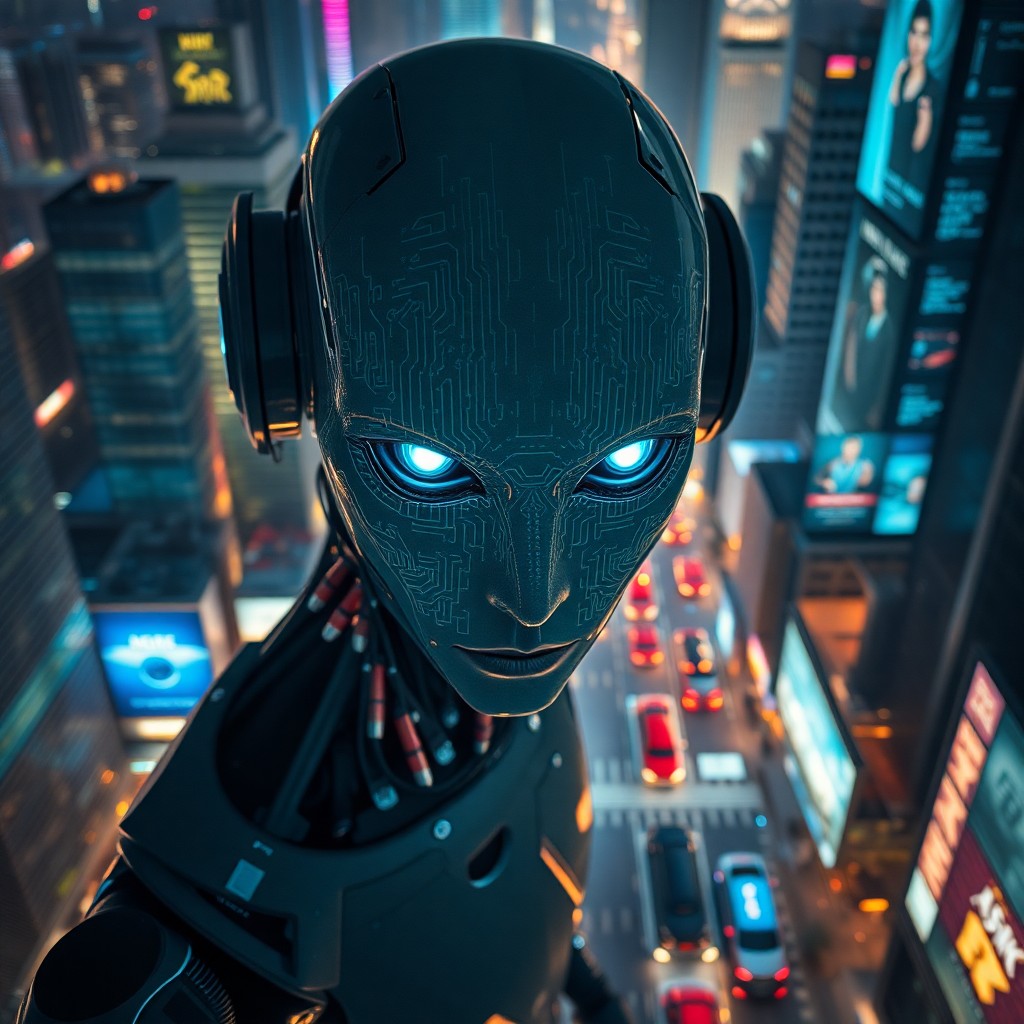 AI generated art for prompt: A mesmerizing portrayal of an enigmatic android amidst a vibrant, futuristic cityscape at night, fea