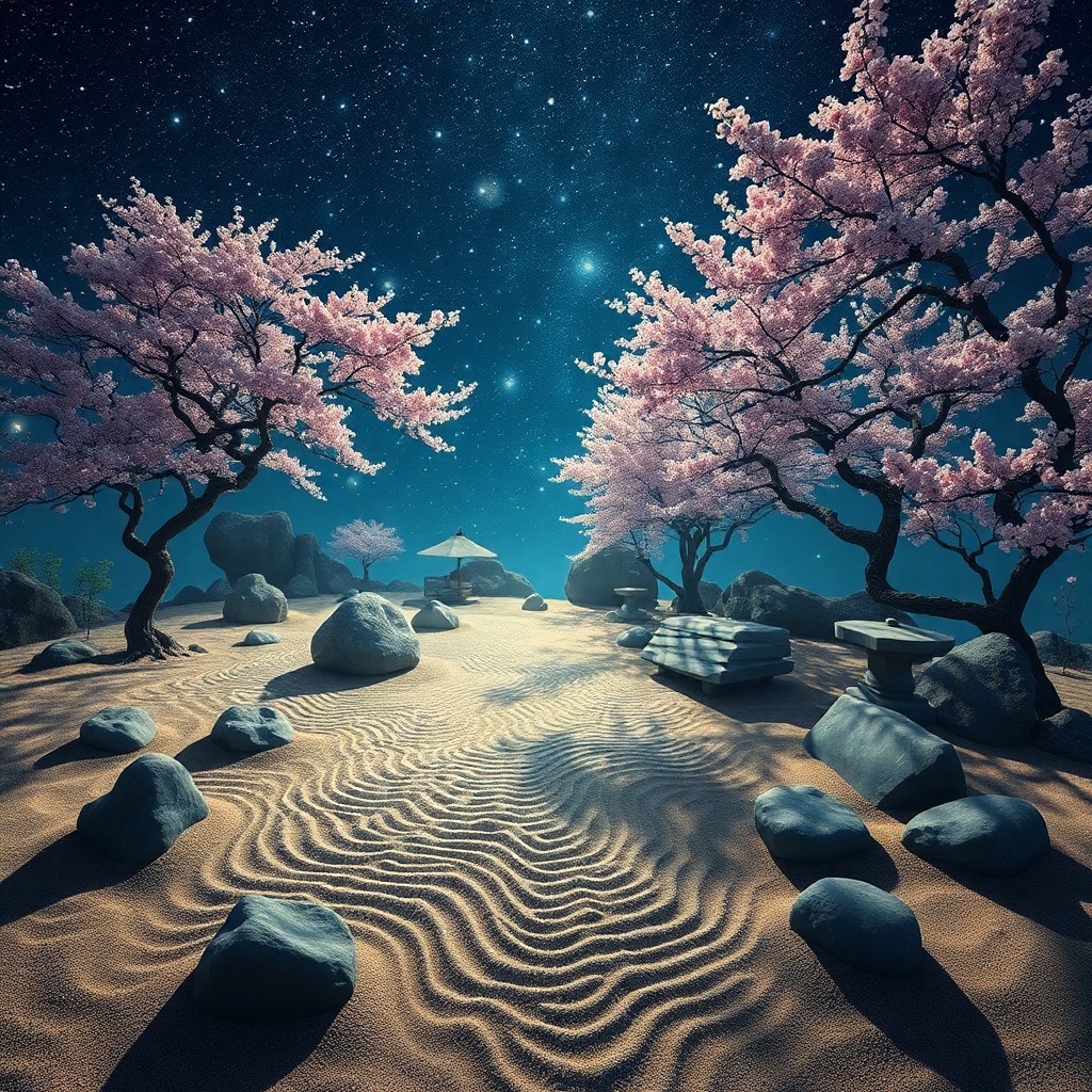 AI generated art for prompt: A captivating image unveils a serene Zen garden bathed in celestial light, masterfully blending elem