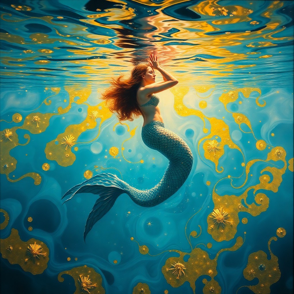 AI generated art for prompt: A mesmerizing oil painting captures an alluring mermaid gracefully rising from a glistening pool of 