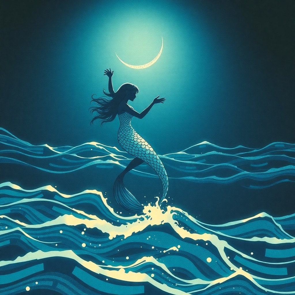 AI generated art for prompt: An ethereal mermaid gracefully dances atop shimmering waves under a crescent moonlight, her iridesce