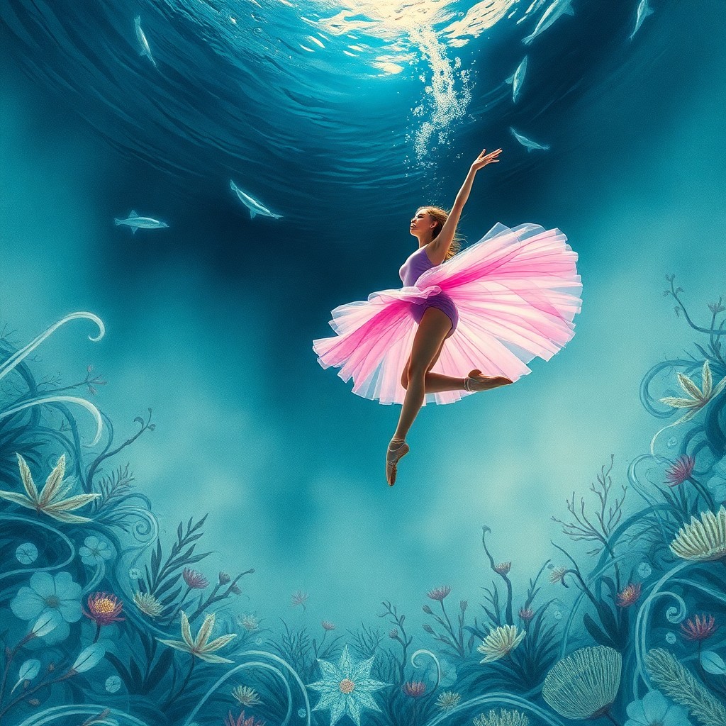 AI generated art for prompt: An enchanting ballet dancer arises from an abyssal underwater realm, evoking the intricate style of 