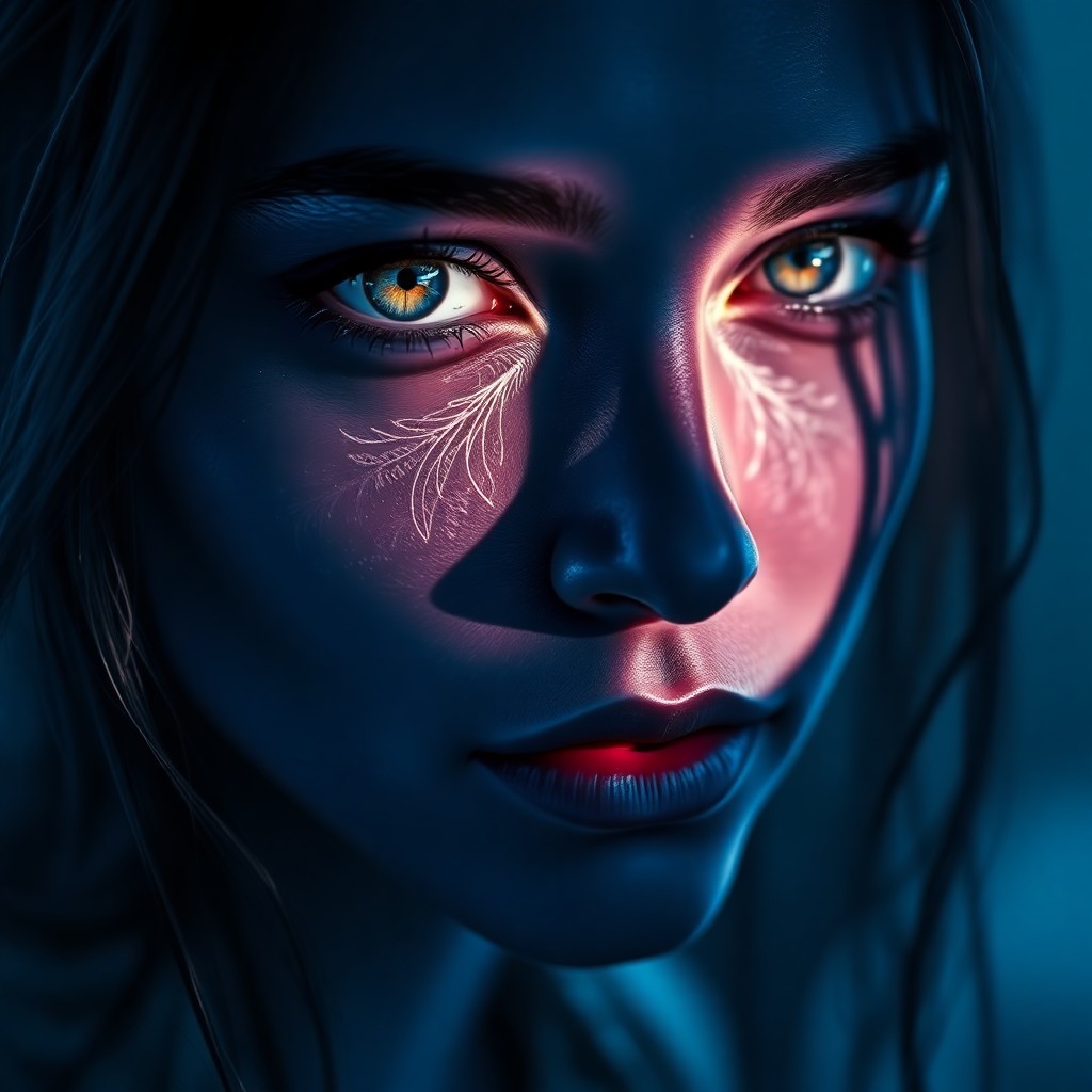 AI generated art for prompt: A digital art portrait captures the enigmatic allure of an ancient woman with deep indigo skin, her 