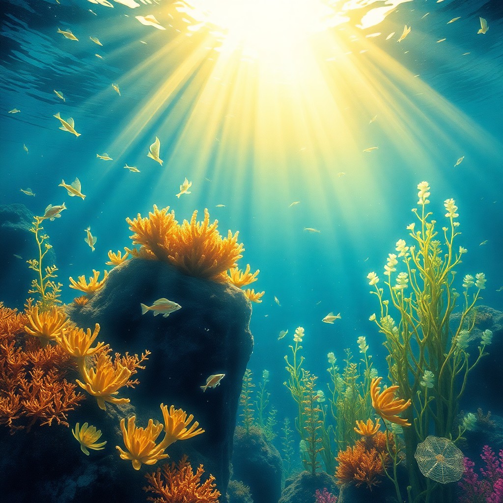 AI generated art for prompt: Imagine an enchanting underwater realm, where sunlight filters through clear waters, casting golden 