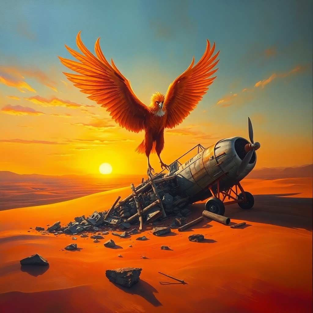 AI generated art for prompt: An oil painting depicting a surreal scene where a majestic phoenix rises from the debris of an antiq