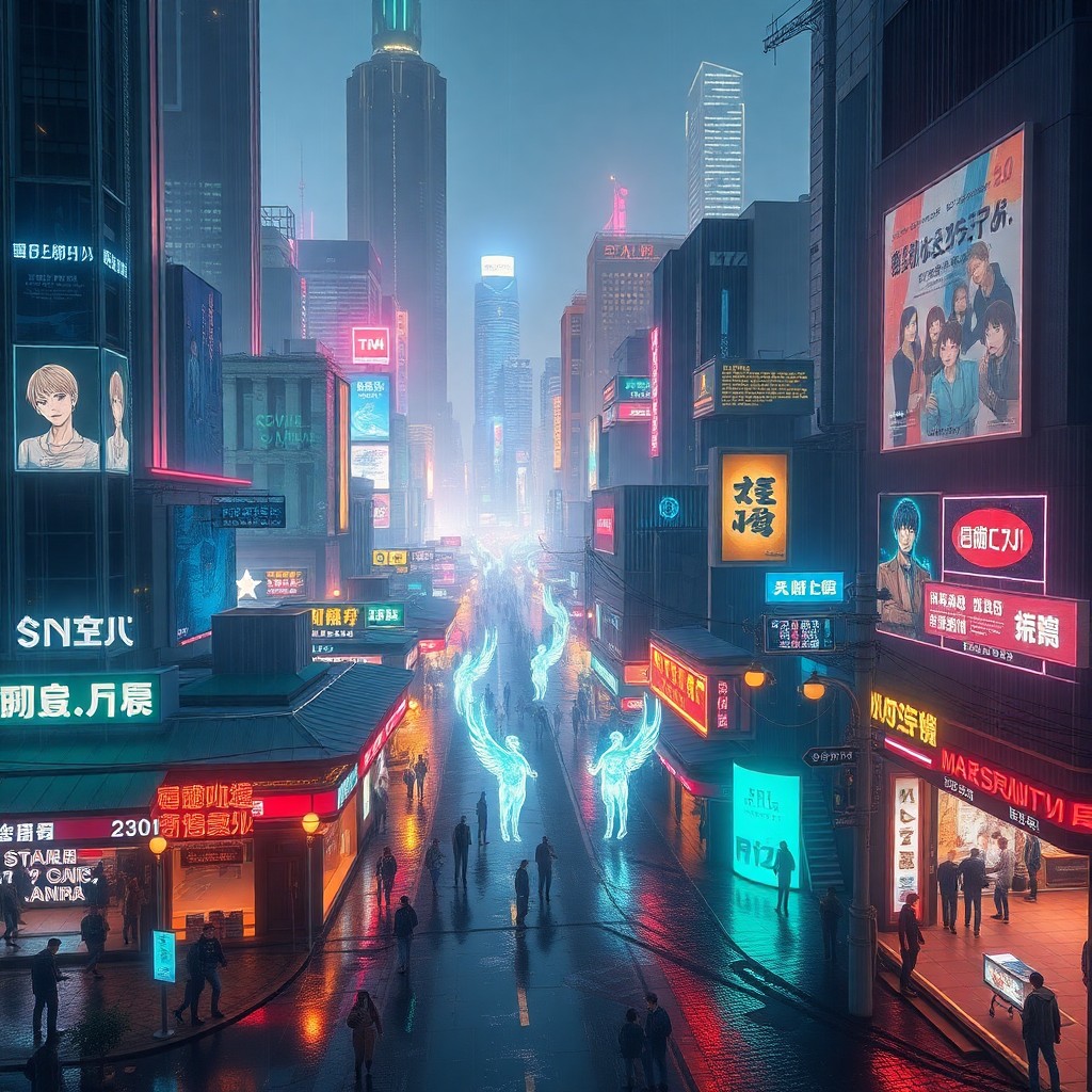 AI generated art for prompt: A captivating digital artwork portraying an advanced cyberpunk cityscape at night from an aerial vie