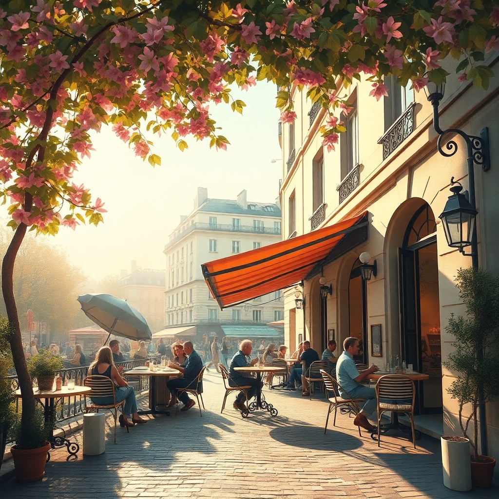 AI generated art for prompt: Craft an image reminiscent of vintage French impressionism, portraying a lively Parisian café at daw