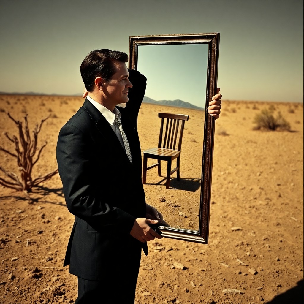 AI generated art for prompt: A surreal image depicting a well-dressed figure standing amidst an arid terrain, clutching a mirror 