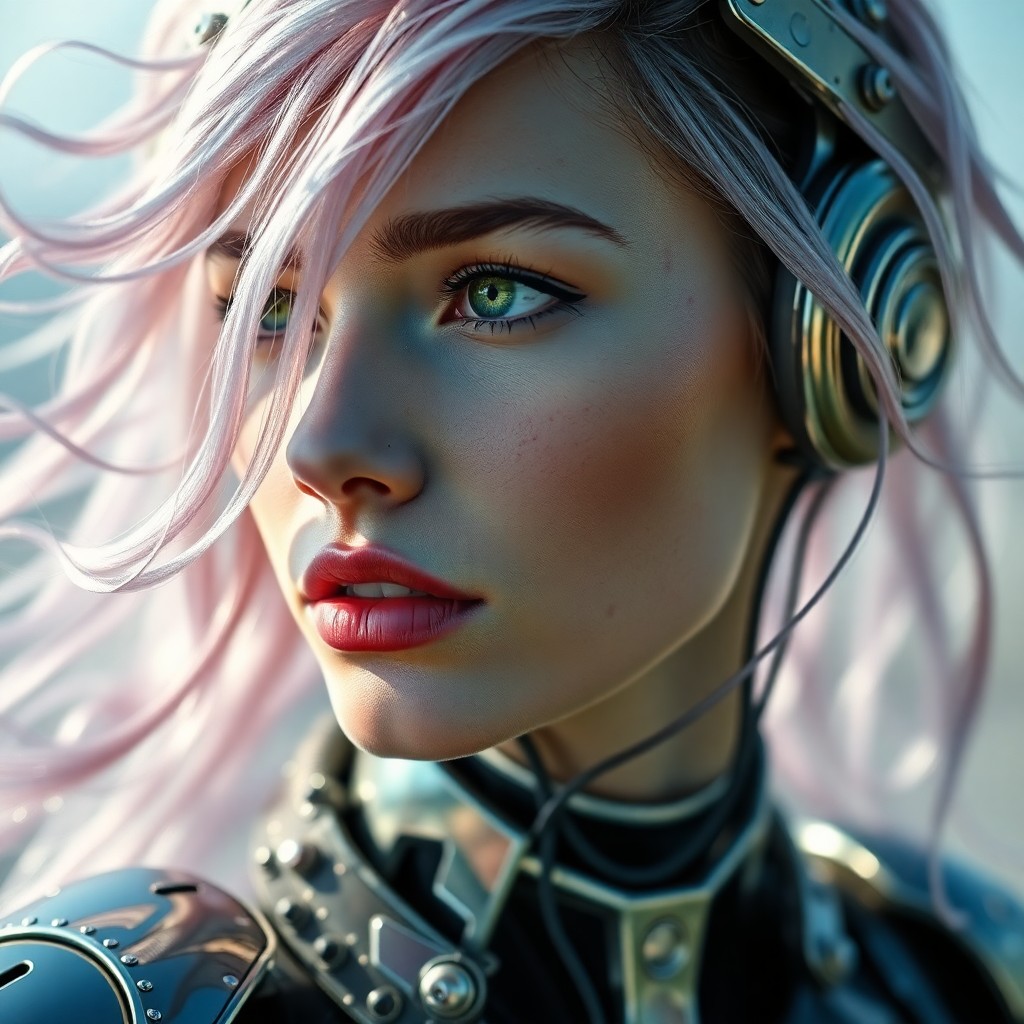 AI generated art for prompt: An image portraying a cyborg woman in futuristic attire, with her amalgamated metallic armor and org