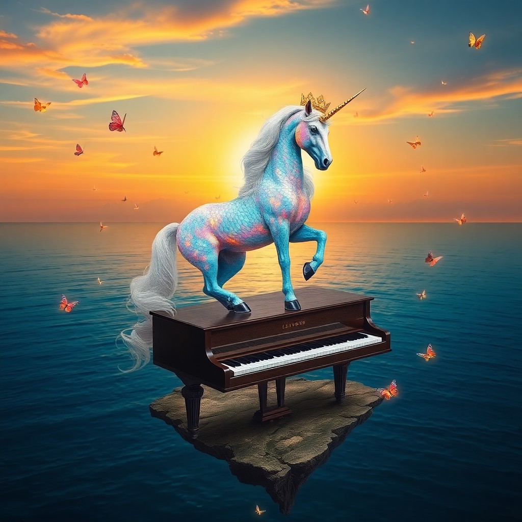 AI generated art for prompt: Imagine a dreamlike surrealist landscape where an exquisite unicorn stands regally upon a floating g