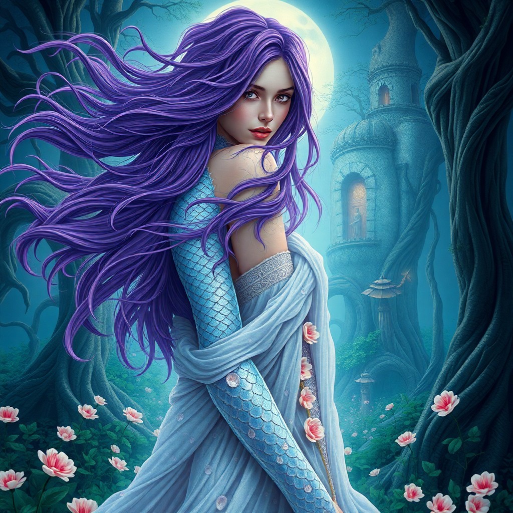 AI generated art for prompt: Create an alluring digital art portrait of a mesmerizing woman with flowing purple hair, embodying s