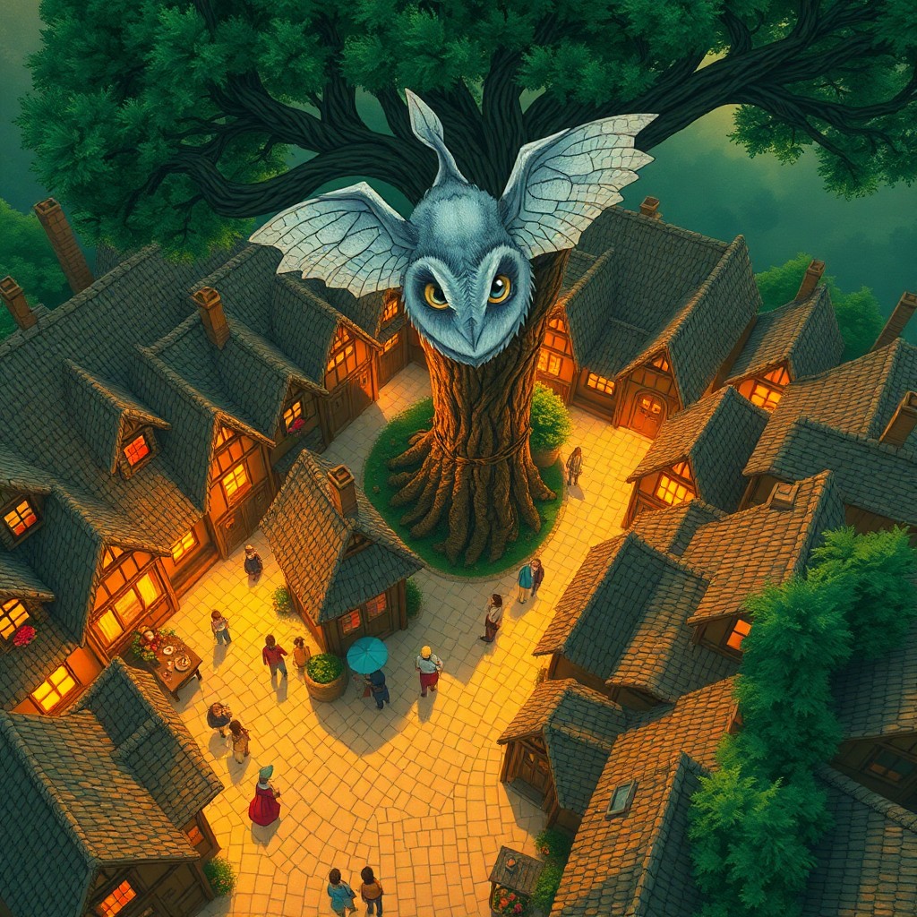 AI generated art for prompt: An aerial perspective over a lively medieval village square at sunset, reminiscent of Studio Ghibli'